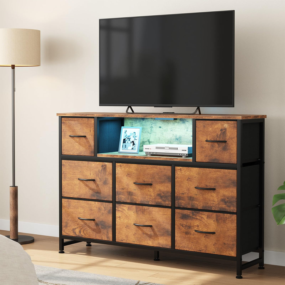 LED TV Stand Dresser with Charging Station & 8 Fabric Drawers