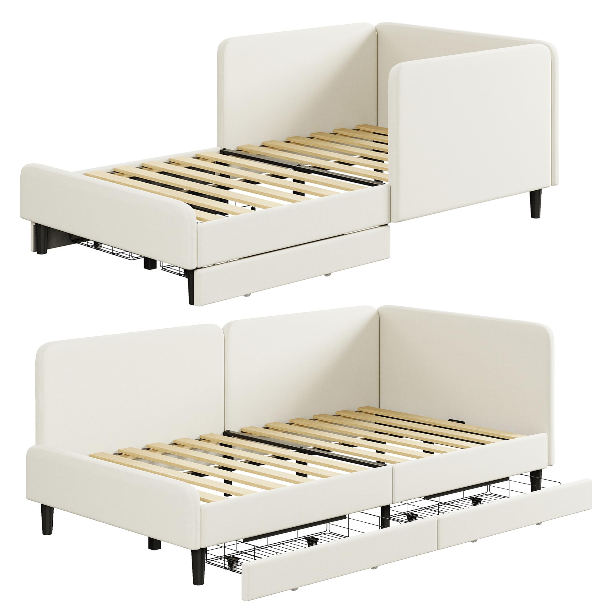Daybed with Headboard, Corner Bed Frame with Bed Rails and Storage Drawers
