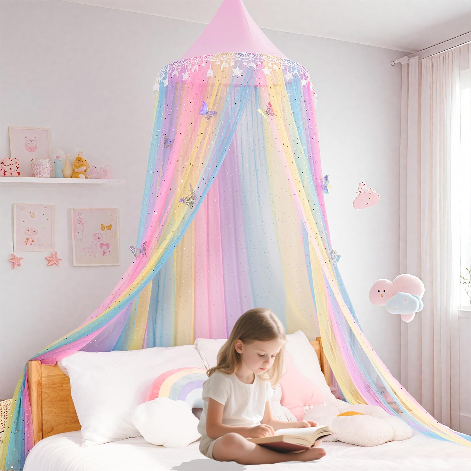Rainbow Princess Bed Canopy for Girls, Glitter Star and Moon Canopy Bed Curtains