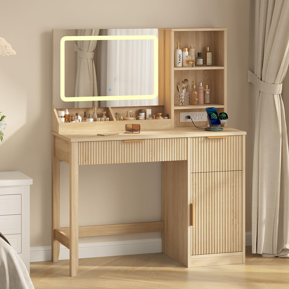 Fluted Vanity Desk with LED Mirror and Charging Station