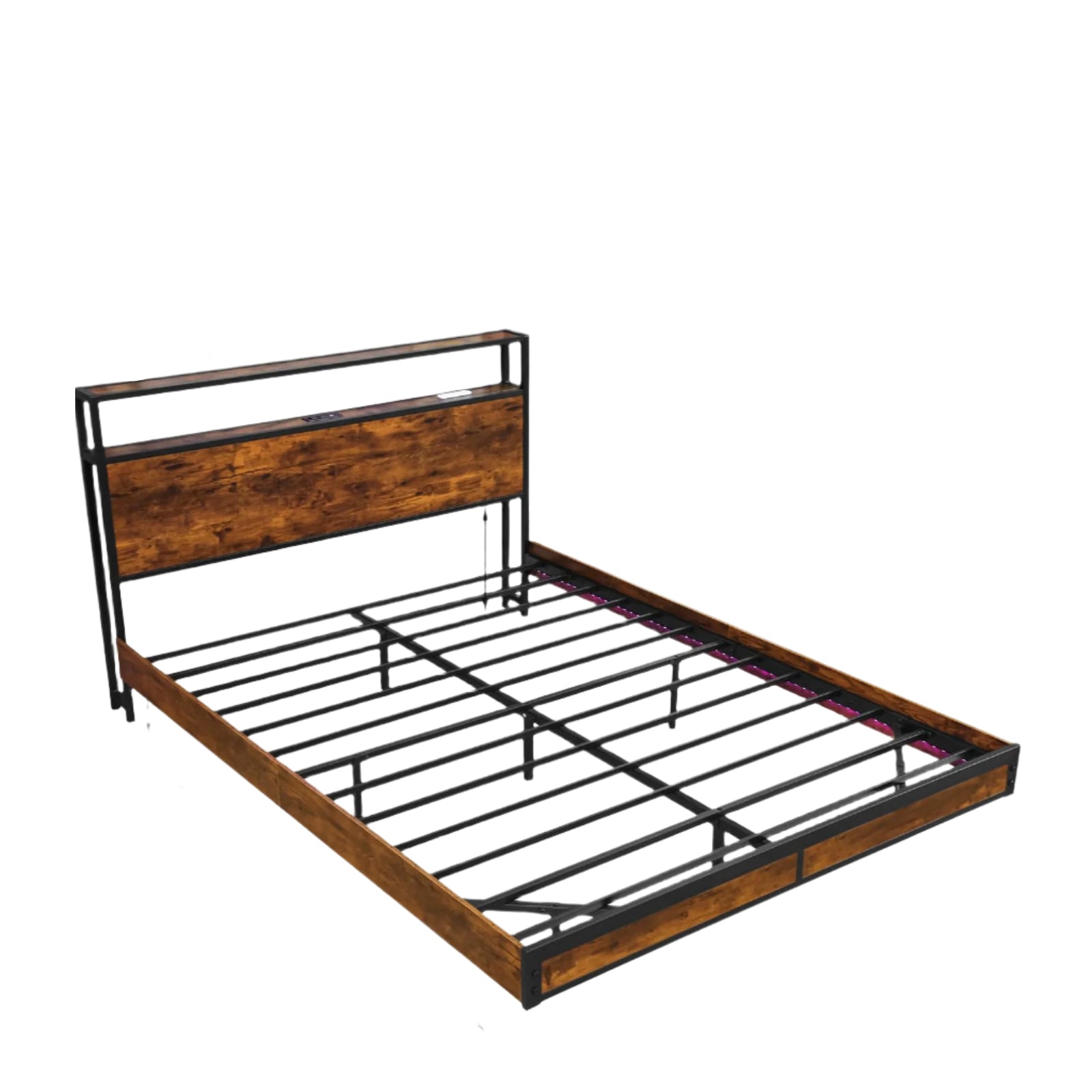 2-Tier Storage Headboard, Metal Platform Bed with Smart LED Lights