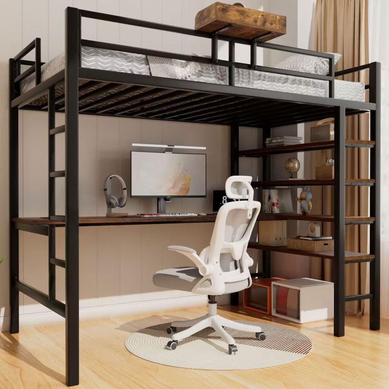 Loft Bed Twin Size with L Desk/ 4-Tier Storage Shelves, Heavy Duty Metal Bunk