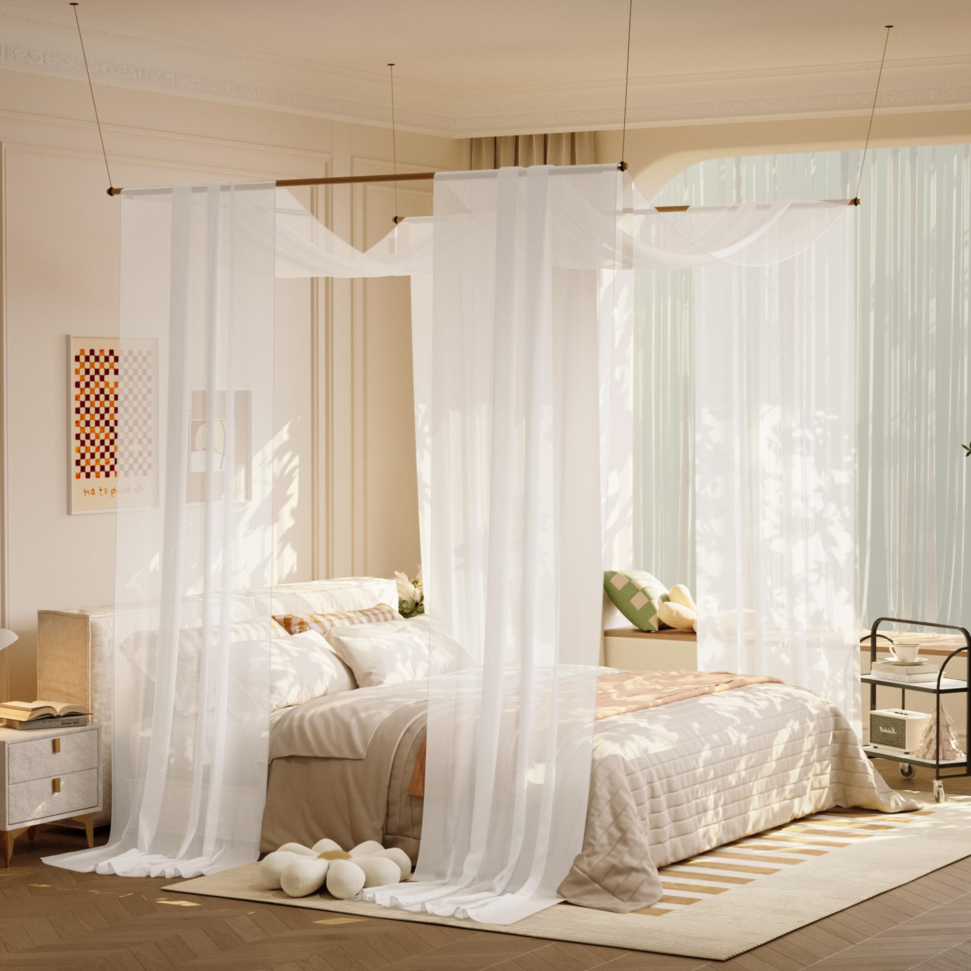 White Canopy Bed Curtains Princess Bed Canopy Scarf for Full/Queen Metal Bed Frame