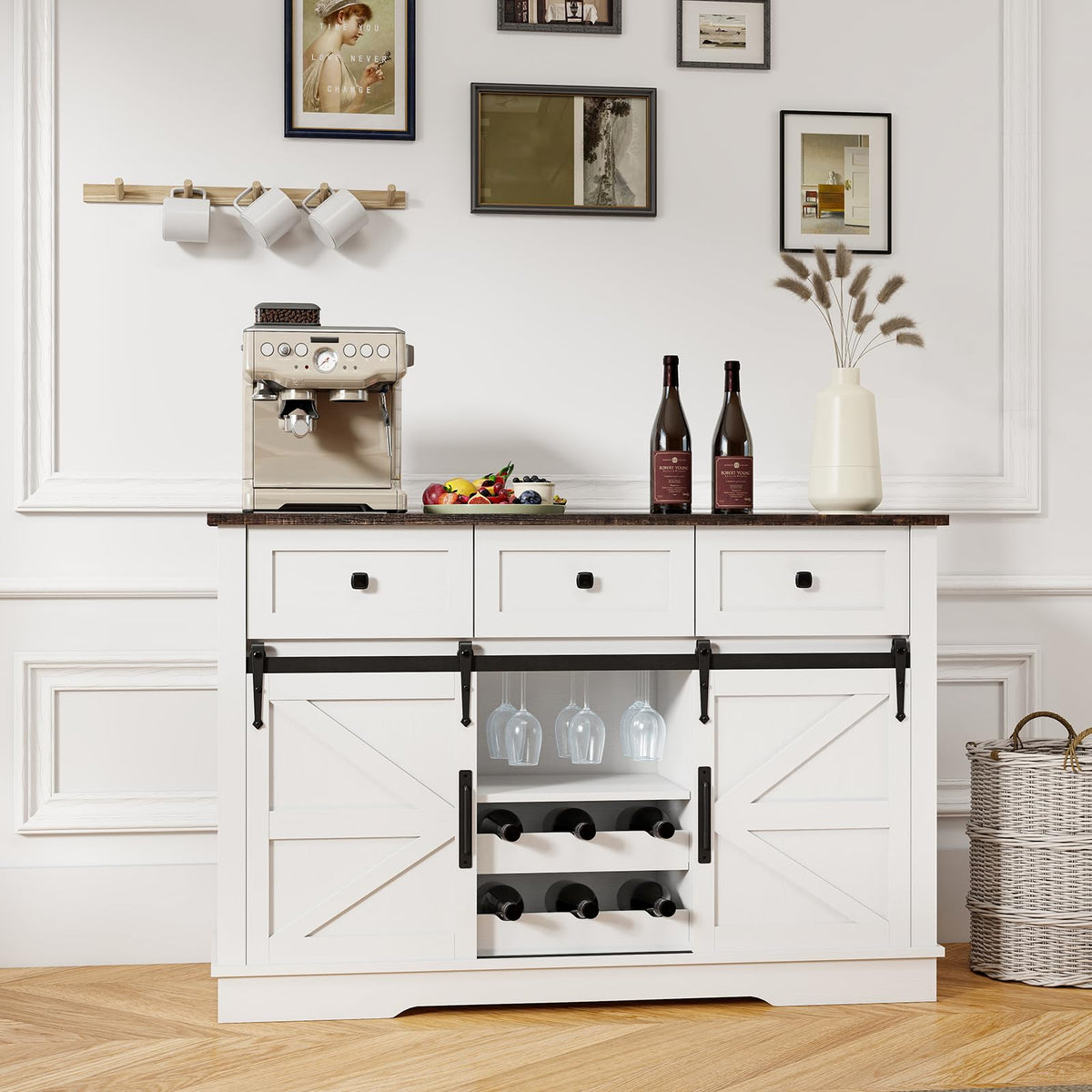 Farmhouse Wine Bar Cabinet with Sliding Barn Doors
