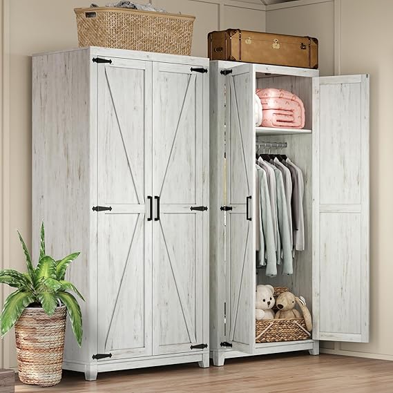 Set of 2 Farmhouse Armoire Wardrobe Closet with 2 Barn Doors, 71'' Storage Cabinet