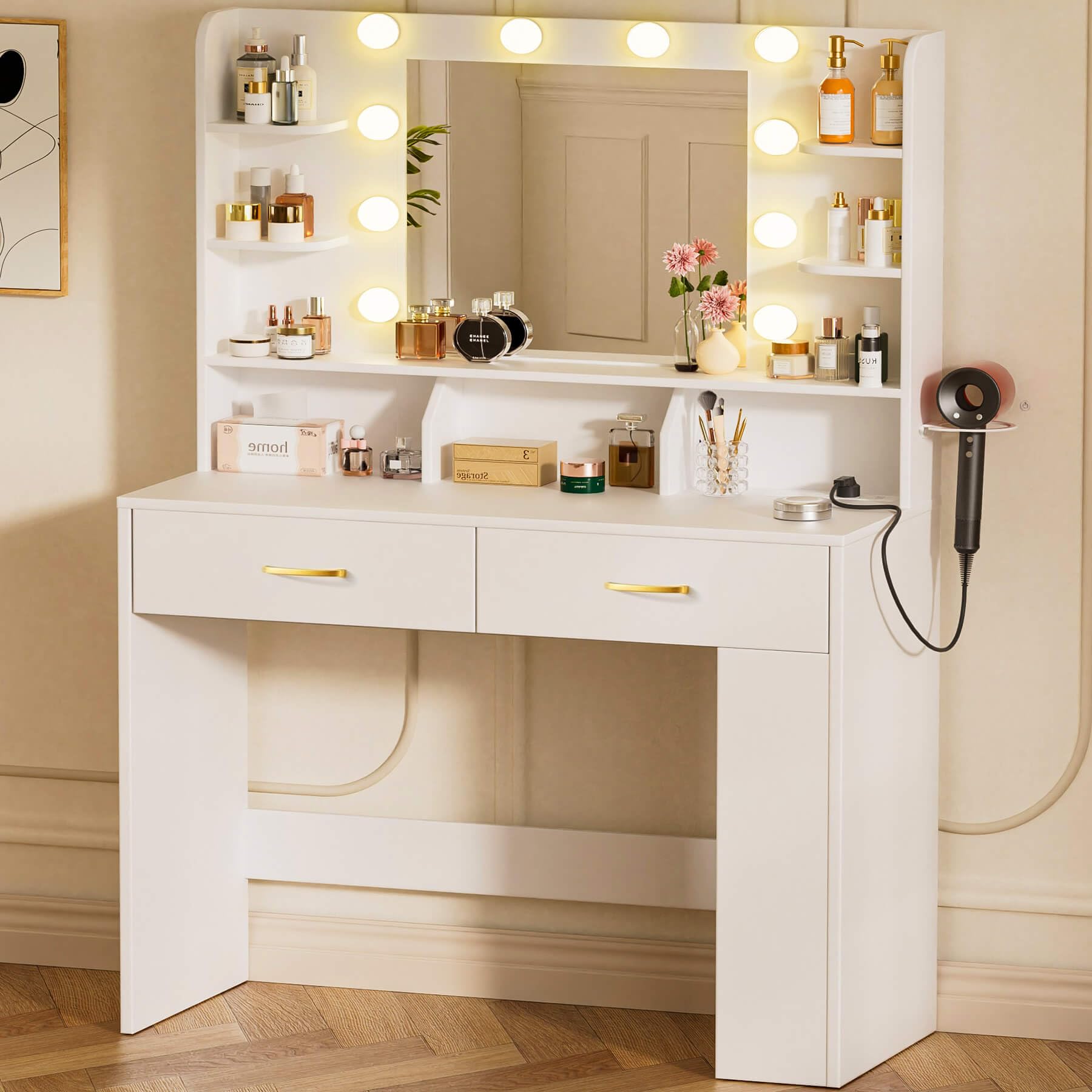 Vanity Desk with Lighted Mirror and Power Outlet, RGB LED Lights Makeup