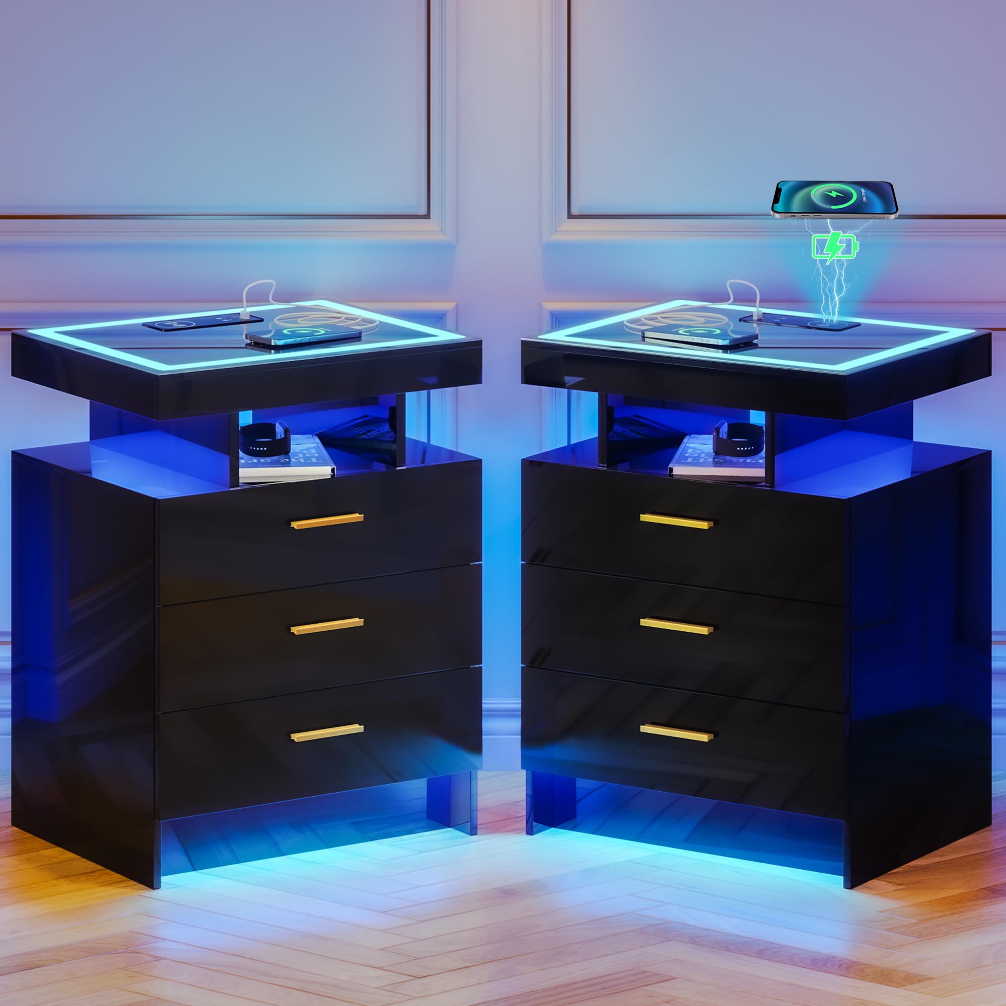 2 Set Nightstands with Wireless Charging Station
