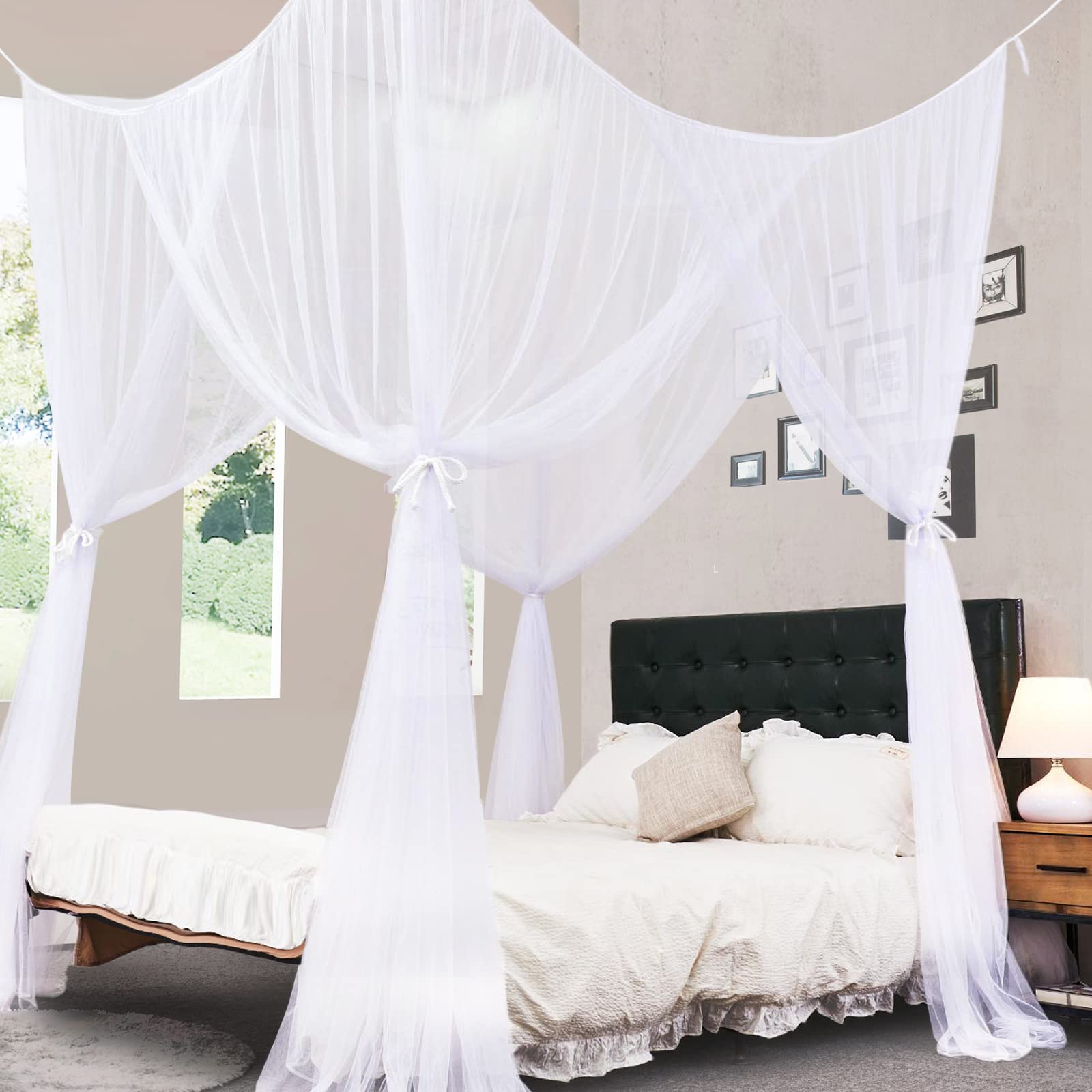 South to East White Canopy Bed Curtains, 4 Corner Post Bed Canopy for Girls & Adults