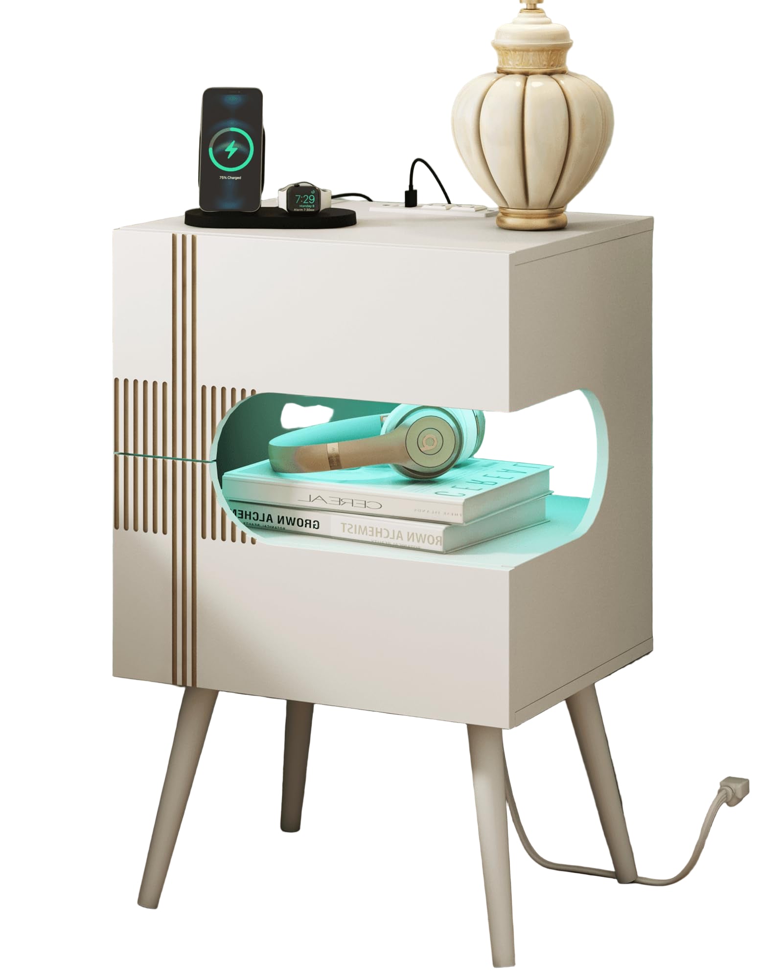 White Nightstand with Charging Station and LED Lights,Modern Bedside Table
