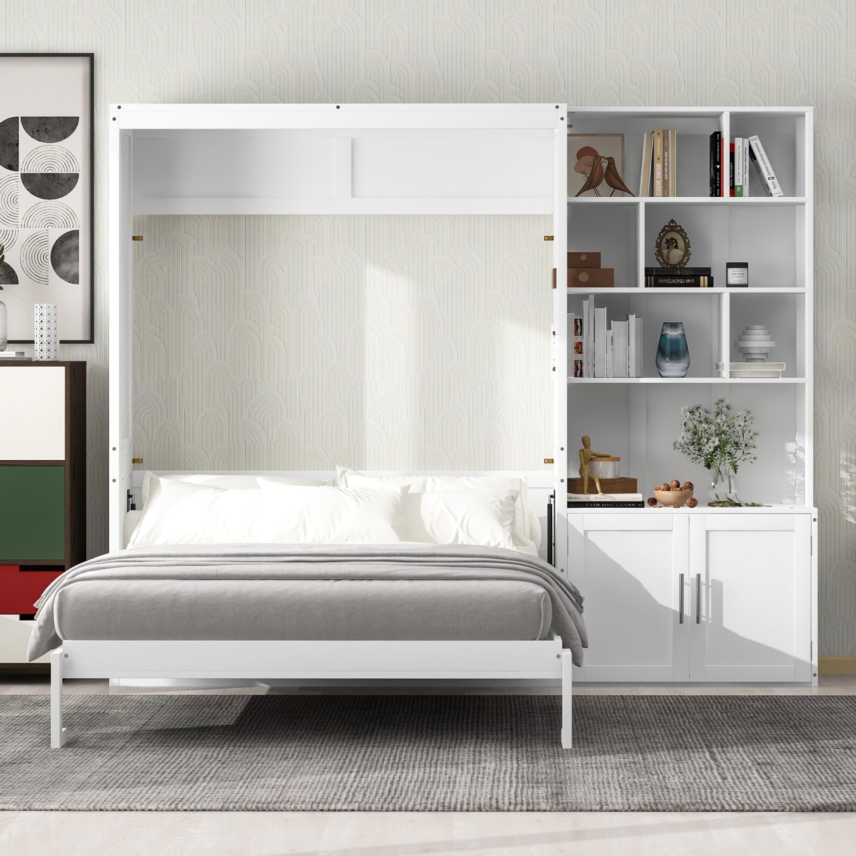 Full Size Murphy Bed Cabinet with Multiple Storage Shelves
