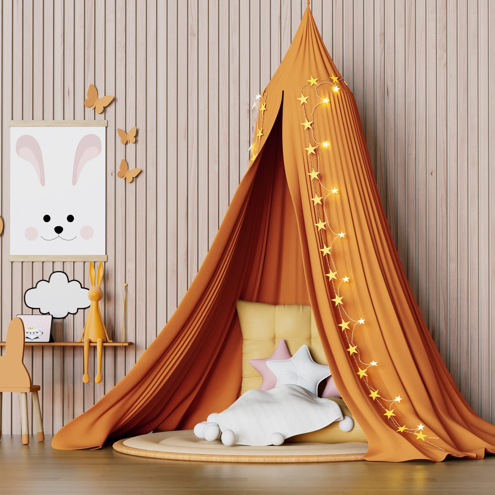 Frideko Bed Canopy, Princess Gauze Mosquito Net+ USB Warm White Star Fairy String