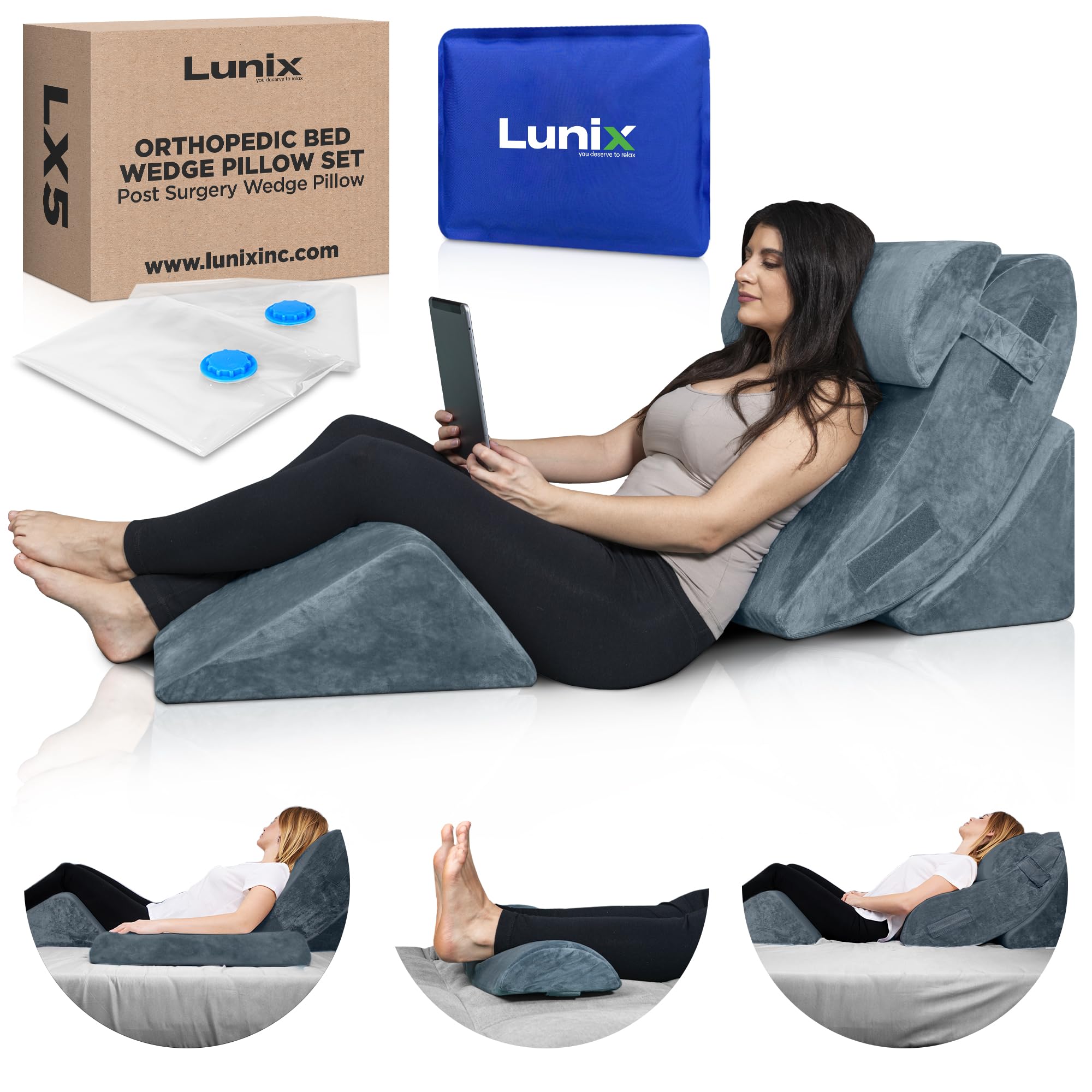 Orthopedic Bed Wedge Pillow Set, Post Surgery Memory Foam for Back, Knee