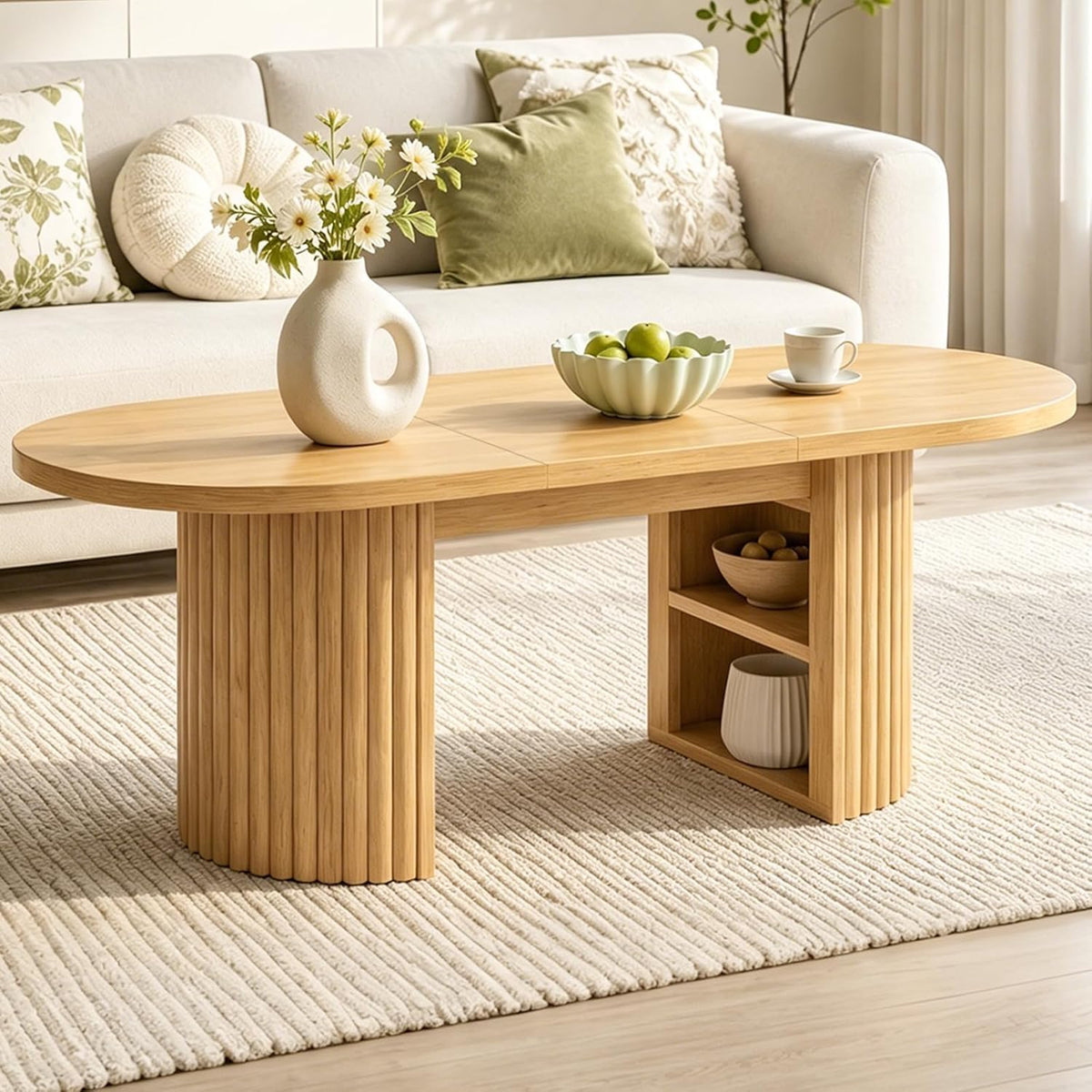STHYTON Coffee Table with Hidden Storage, Modern Oval Fluted Center Table with 3-Tier Adjustable Shelf, Extendable Living Room Table for Office, Bedroom, Space-Saving, Natural