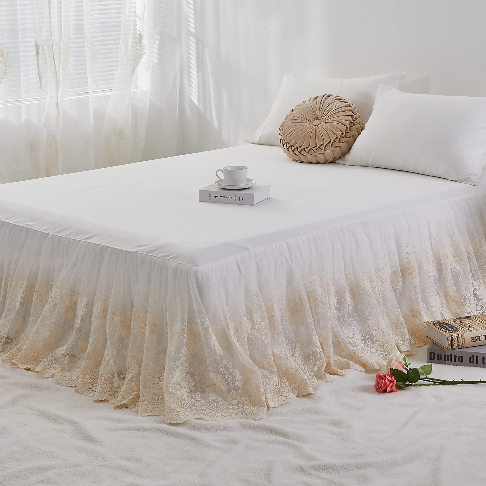 Luxury Cream White Lace Bed Skirt King Size 18 Inch Drop Split Corners Romantic