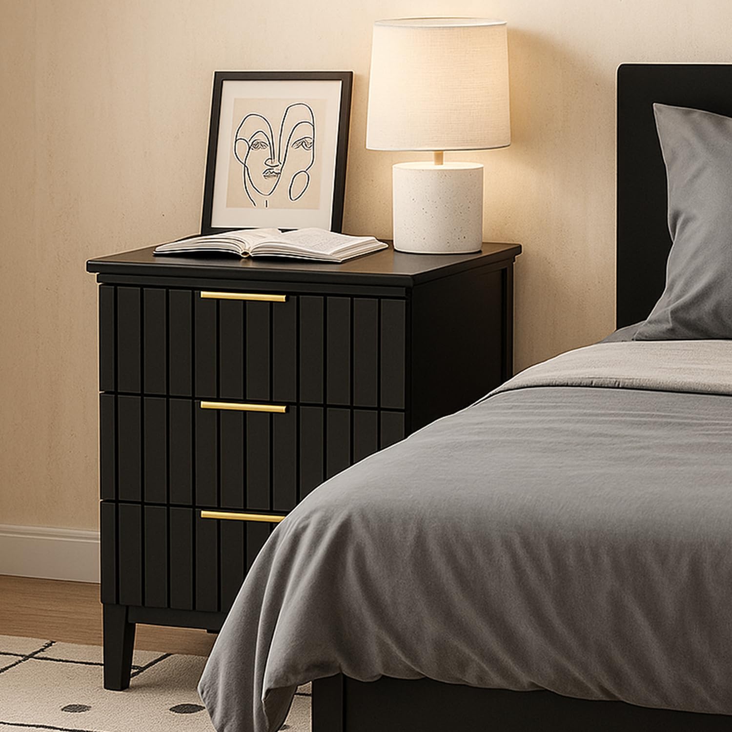 Black Nightstand Set of 2 Fluted Nightstand Bedside Tables Night Stand