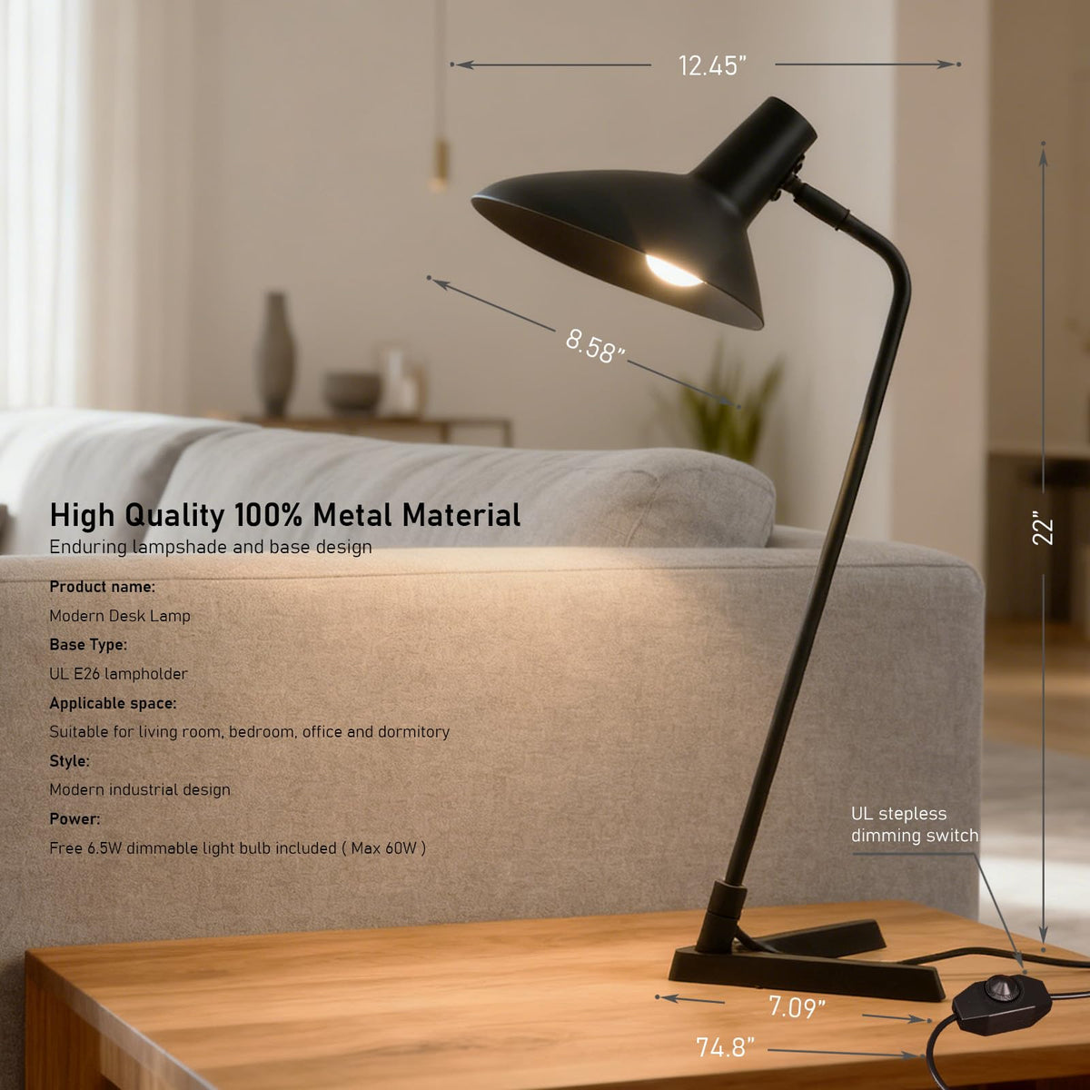 Industrial Metal Desk Lamp with Adjustable Neck, 22", 4000K LED