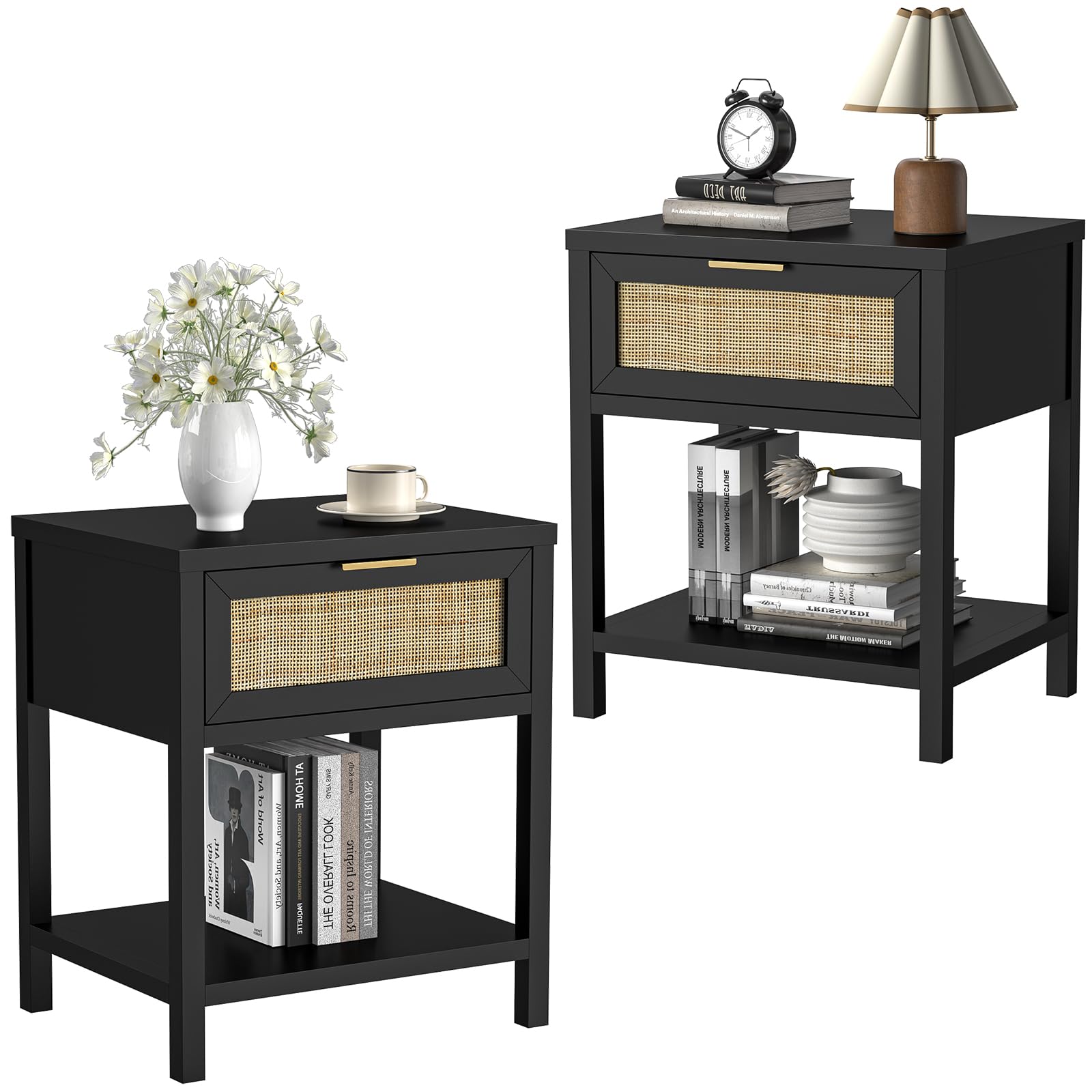 Nightstand Set of 2, Tall Side Table, Rattan End Tables with Drawer & Shelf