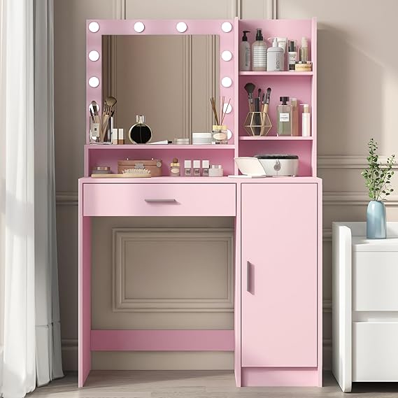 Desk with Mirror and Light, Large Drawer and Three Level Storage Dresser