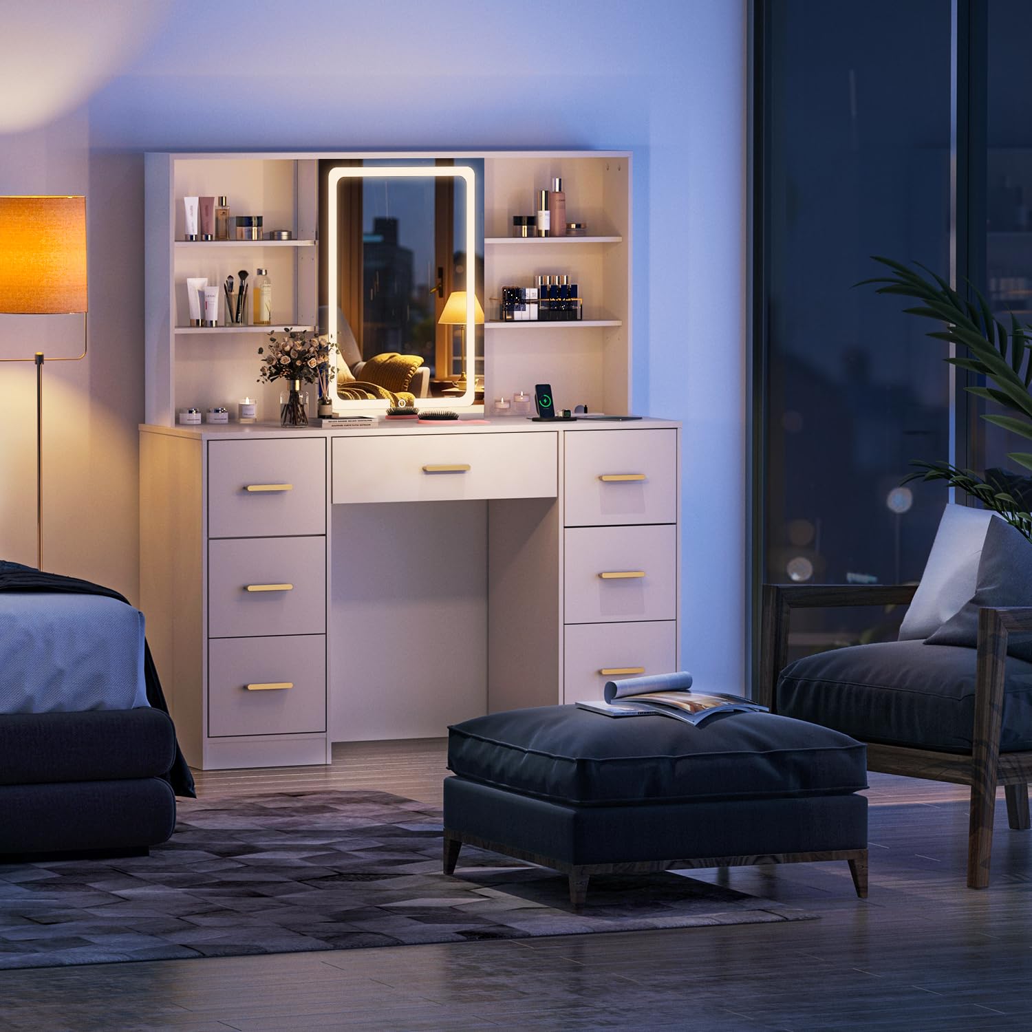 47'' Large Vanity Desk with Mirror and Lights, 7 Drawers, 8 Storage Shelves Vanity Table