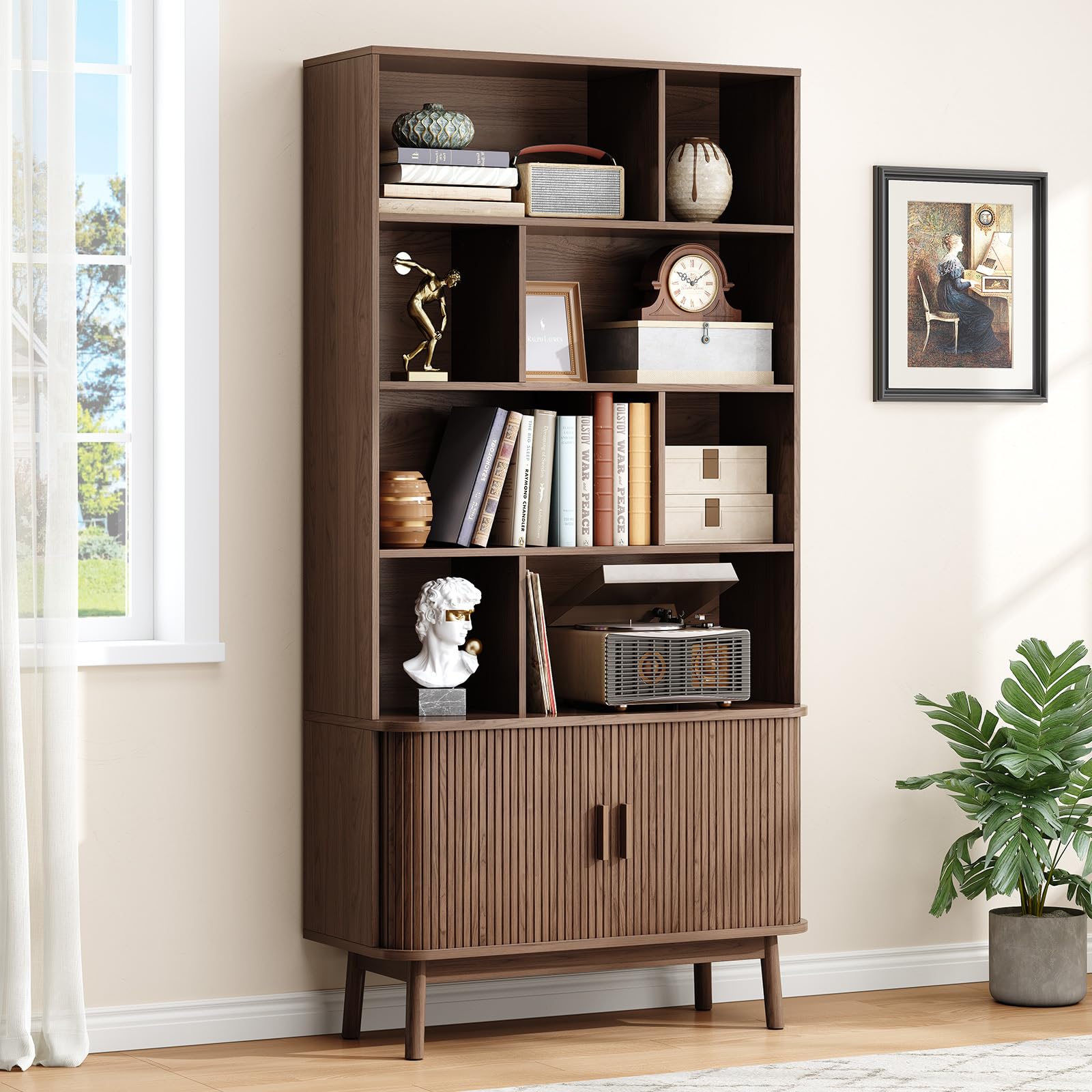 8-Cube Bookshelf with Sliding Door Cabinet, 71" Tall