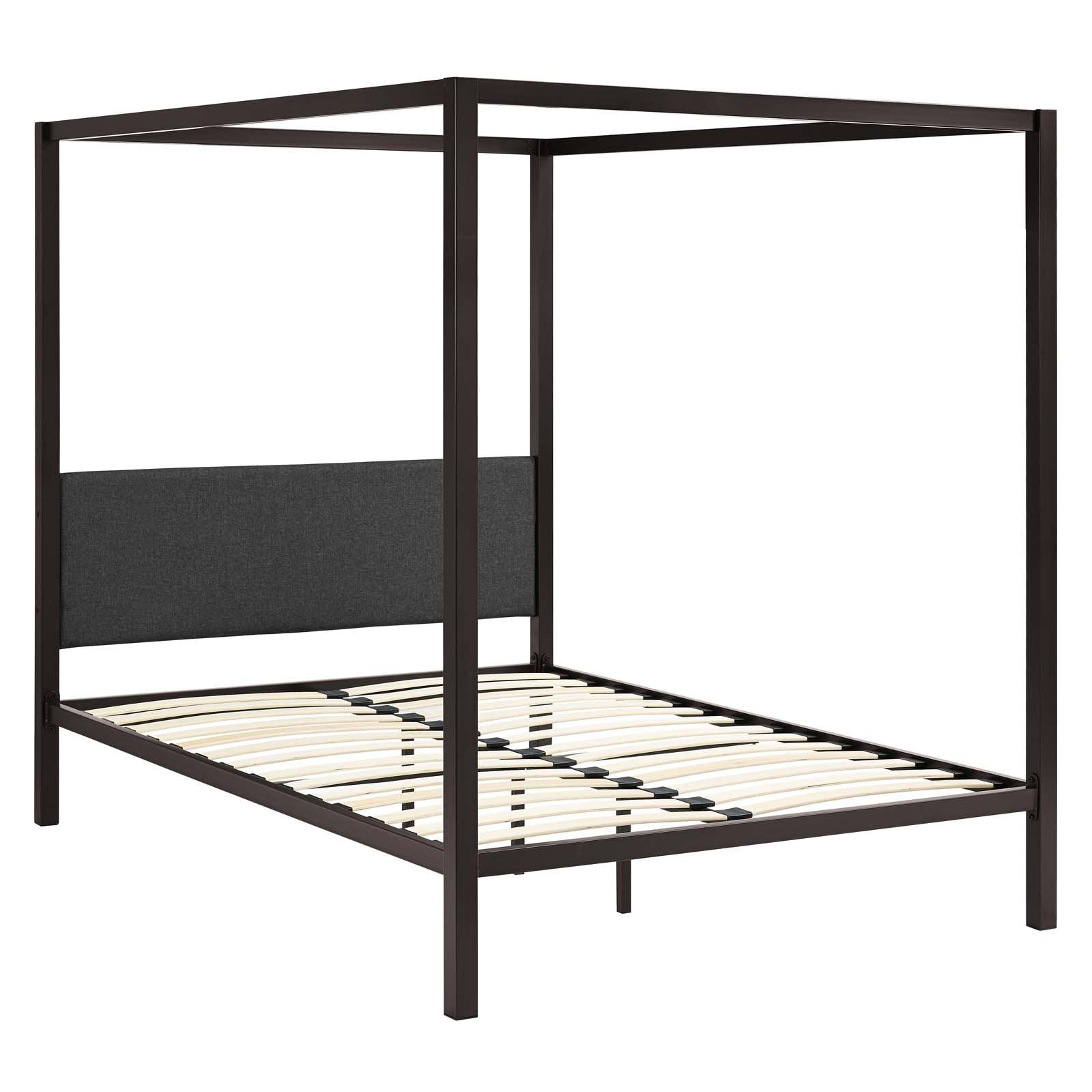Raina Metal Queen Canopy Bed Frame With Upholstered Gray Fabric Headboard