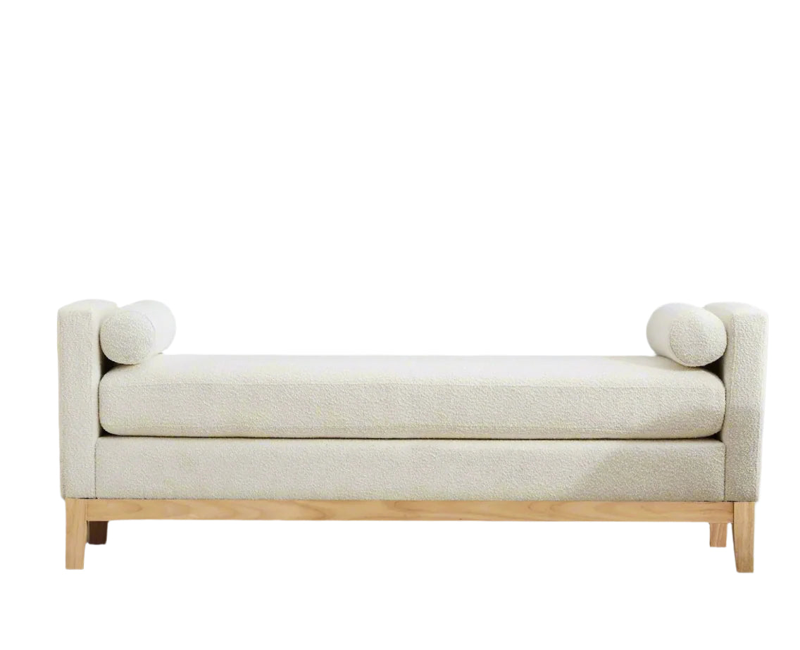 Oversize Boucle Bench Ottoman with 2 Bolster Pillows & Wood Legs