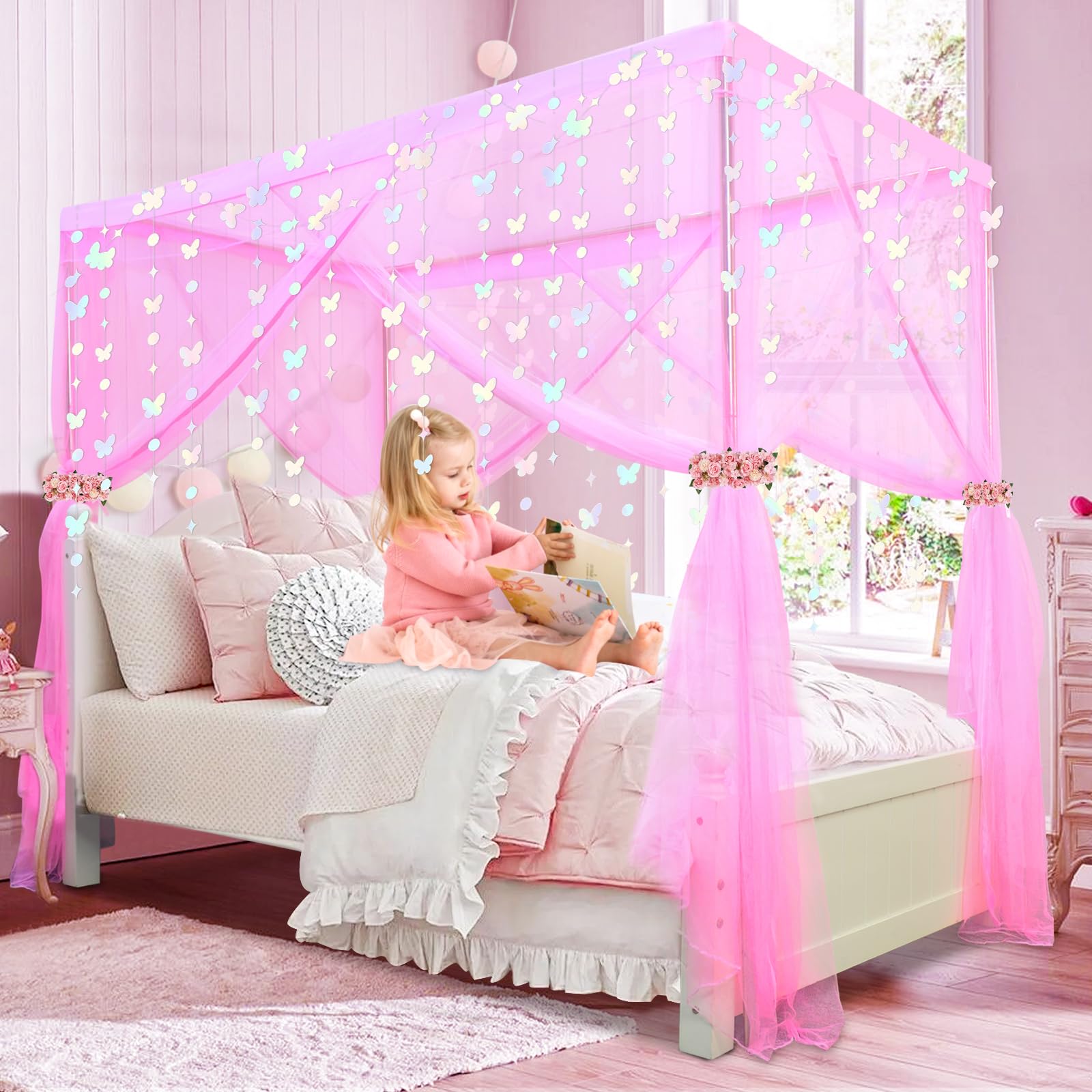 Princess Canopy Bed Curtains for Girls Kids Bed Canopy for Girls 4 Post Bed Curtains
