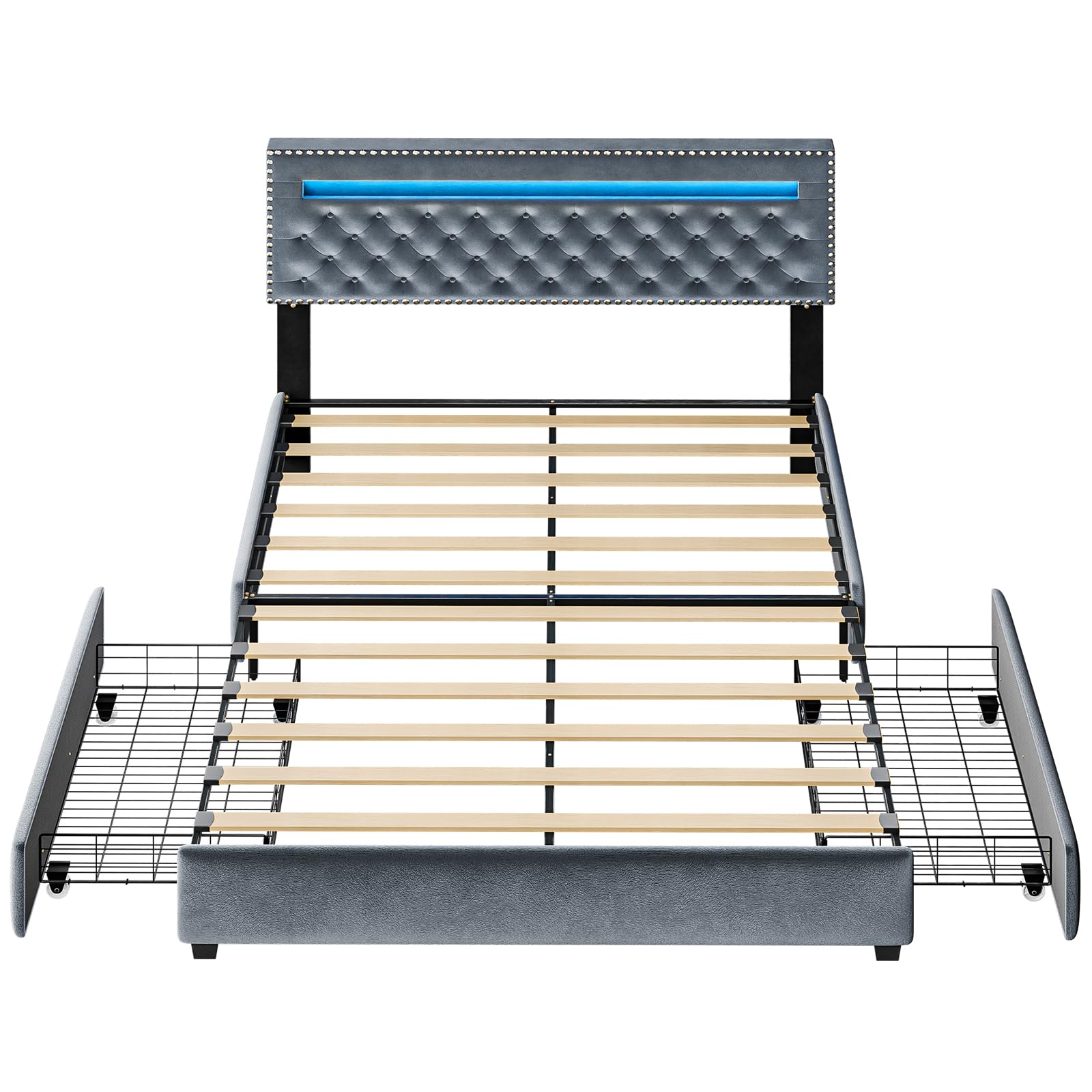 Queen Size Bed Frame with LED Lights, Velvet Upholstered Platform Queen