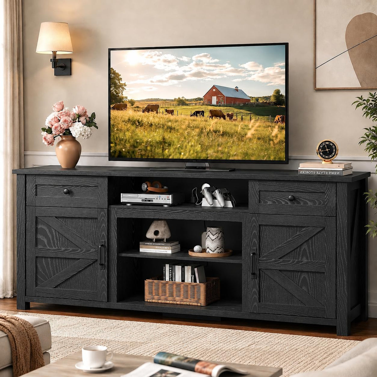 TV Stand for 75-Inch TV with Storage & Power Outlet