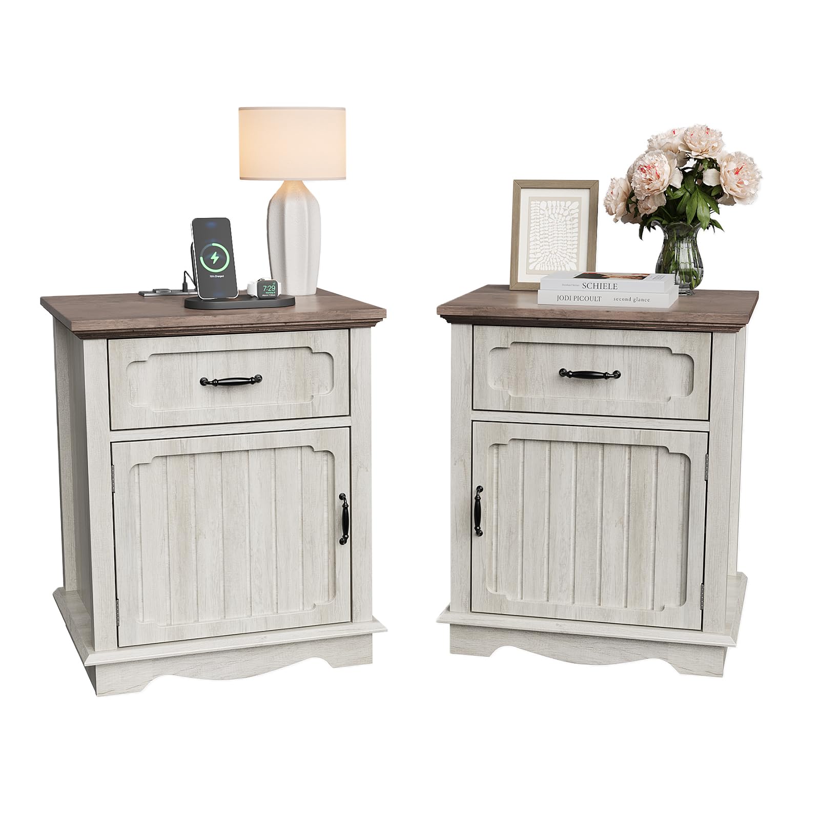 Nightstands Set of 2 with Charging Station, Bedside Table with Large Drawer