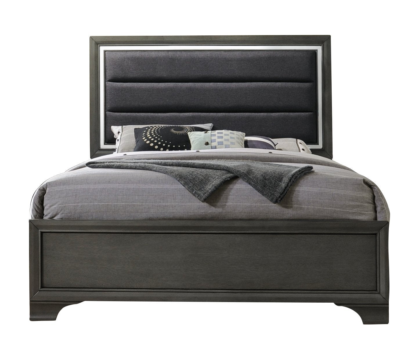 6-Piece Gray Wood with Faux Leather Headboard King Bedroom Set. Bed, Dresser