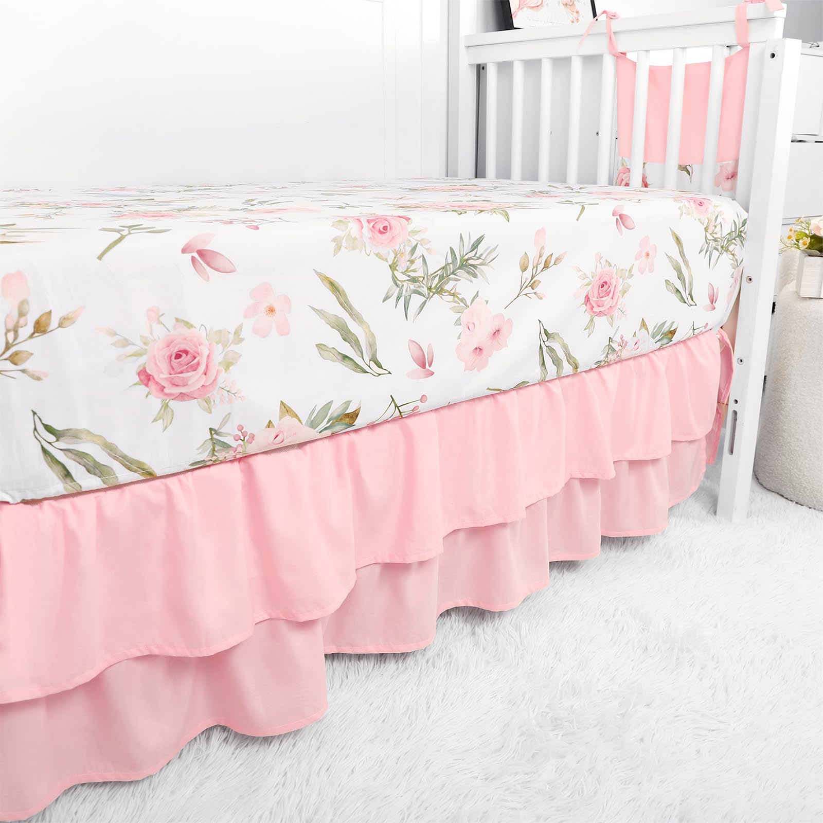 TANOFAR 4-Piece Crib Bedding Set for Baby Girls, Floral Castle Nursery Bedding Set Includes Comforter, Fitted Crib Sheet, Crib Skirt, and Diaper Stacker, Pink