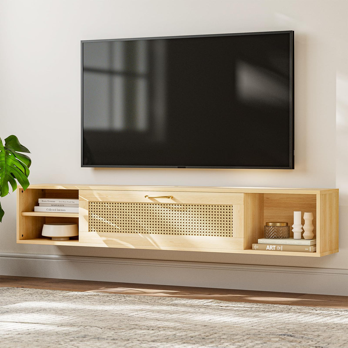 Floating TV Stand with Rattan Cabinet, 65–75 Inch