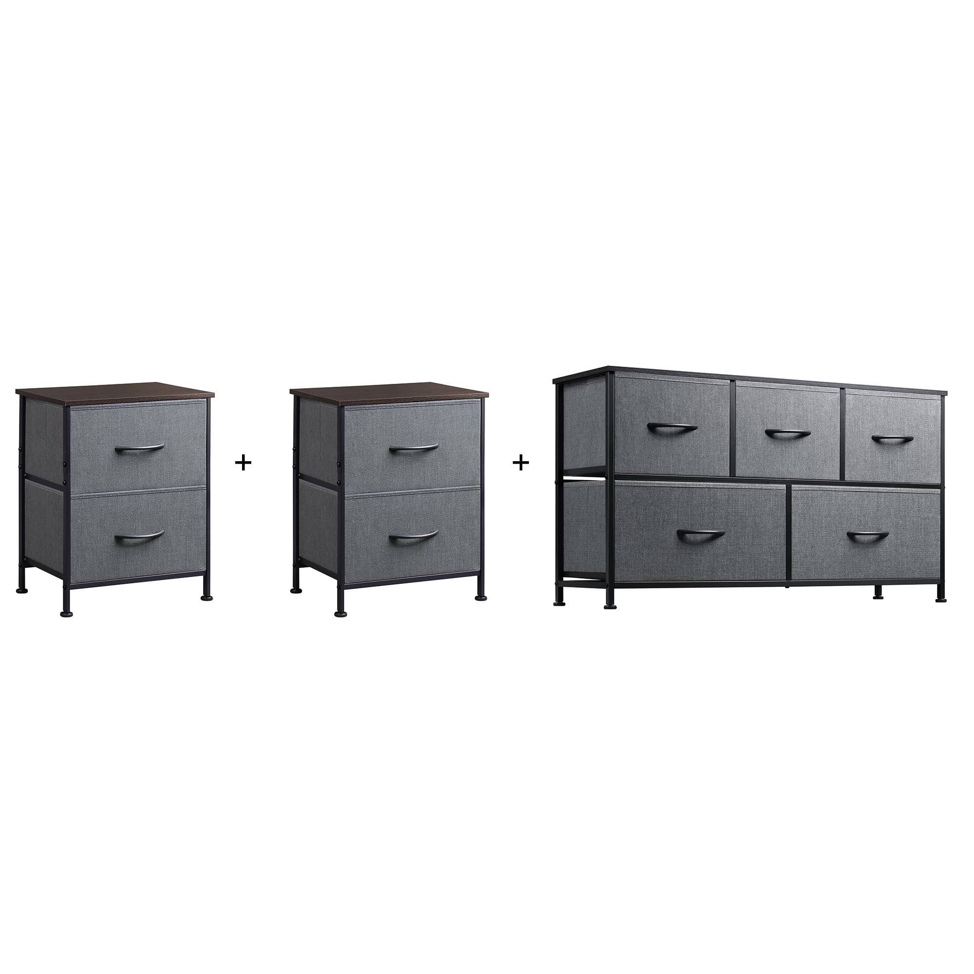 2-Drawer Nightstand with 2 and 5-Drawer Dresser Set, Fabric Storage Tower for Bedroom