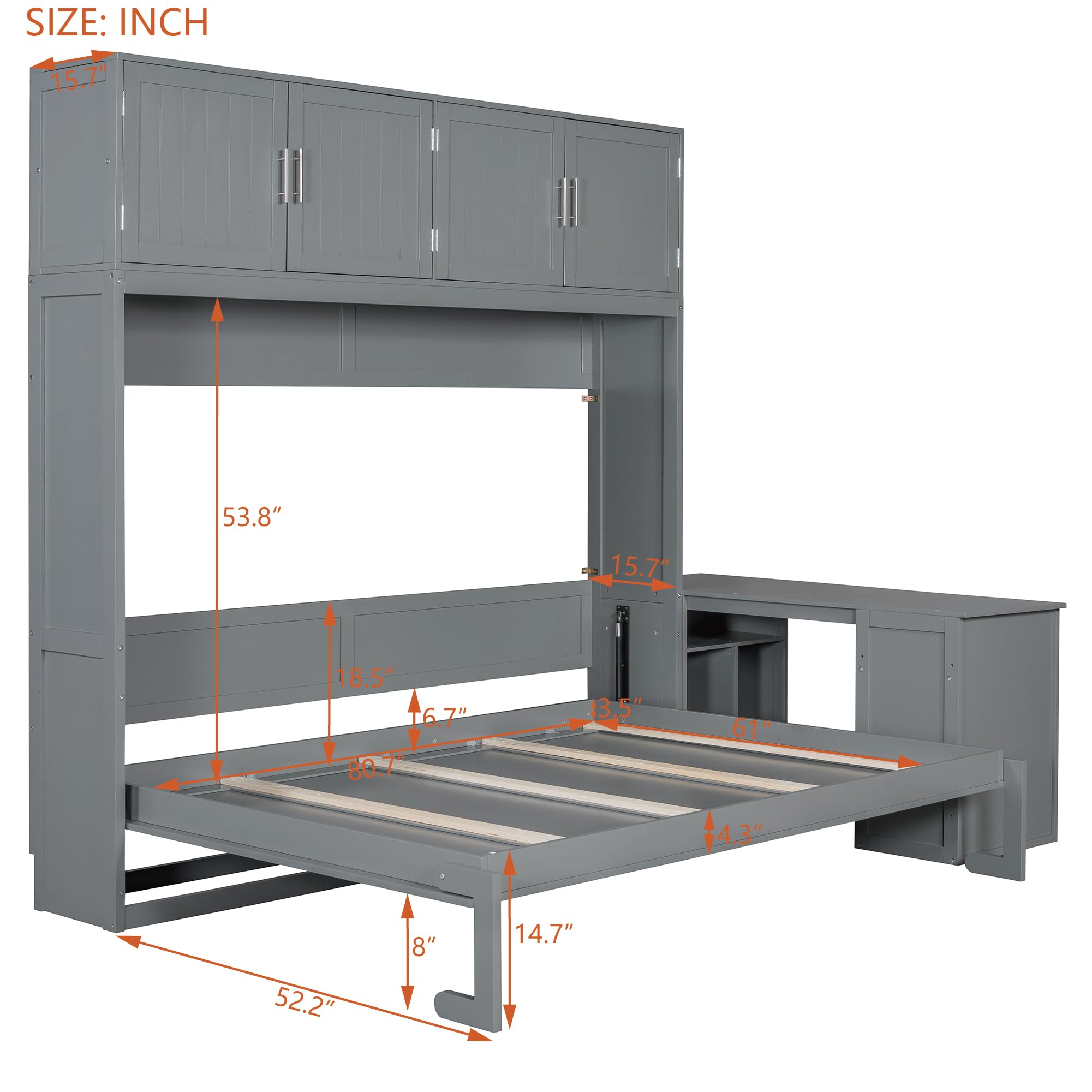 Harper & Bright Designs Queen Size Murphy Bed, Wooden Queen Wall Bed Frame with Desk and Storage Shelves and Big Cabinets, Gray