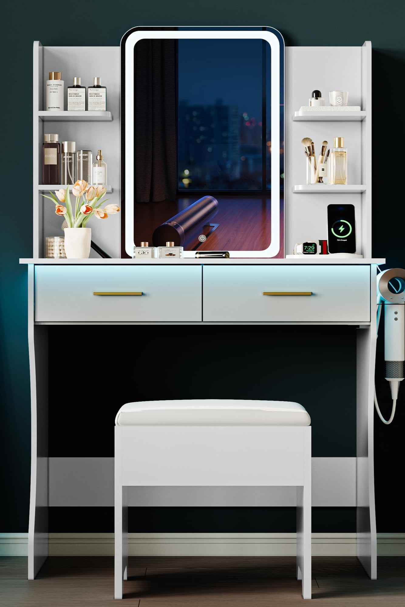 LED Lights Mirror & Power Outlet, Small Makeup Vanity Table Set with Storage