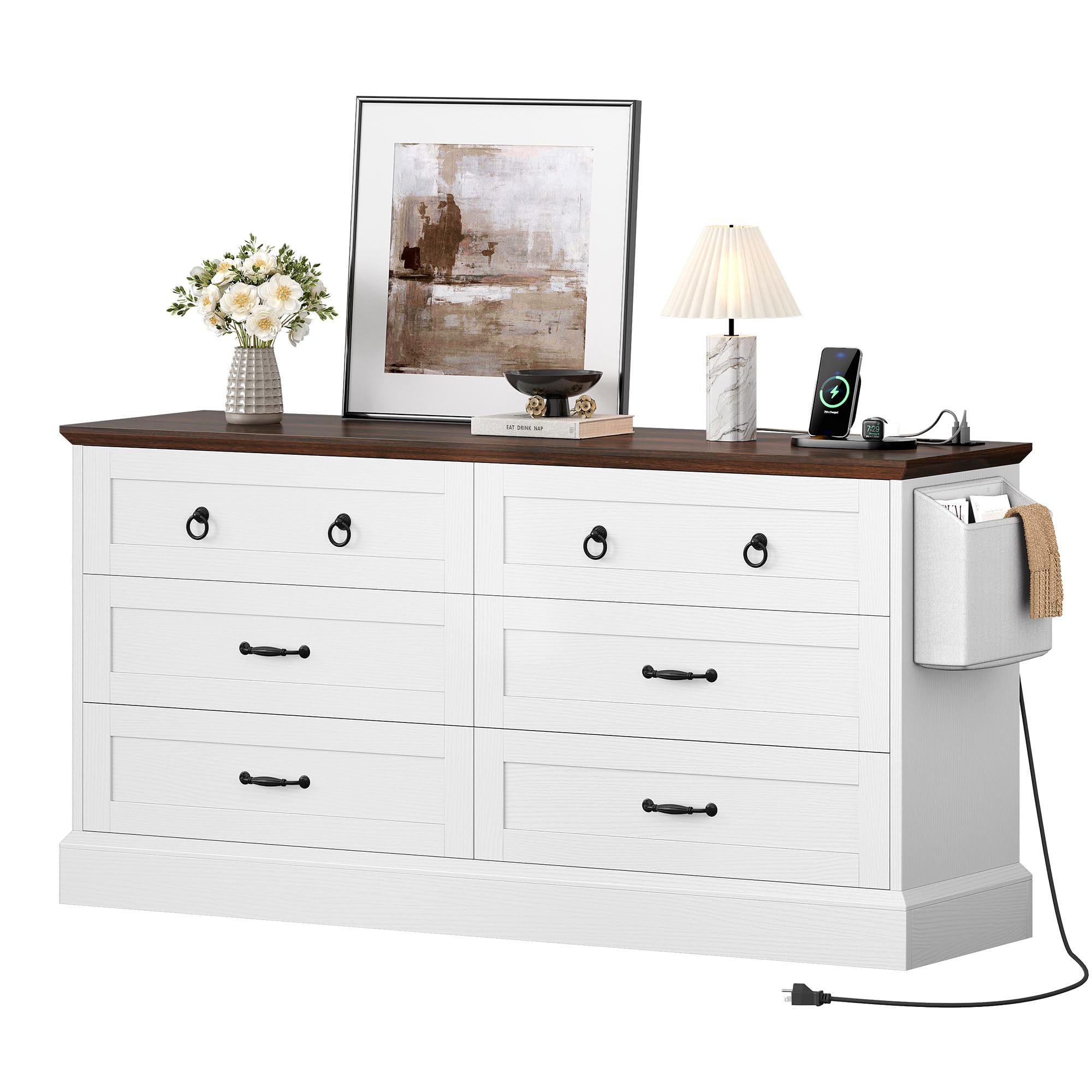 Farmhouse 6 Drawers Dresser, 59" Wide Wood Rustic Chest of Drawers with Nice Texture