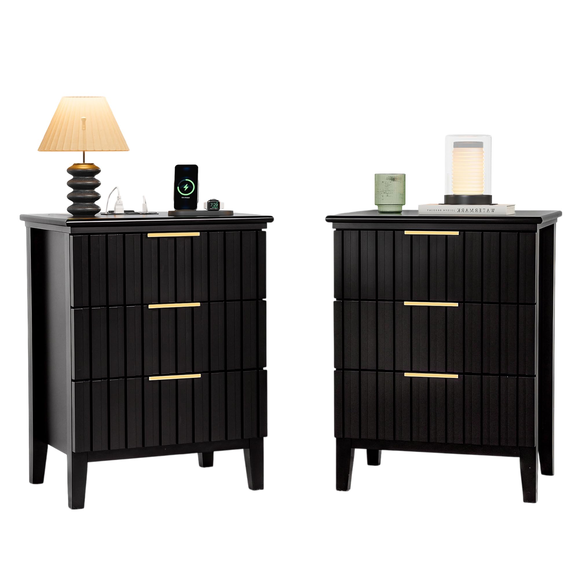 Nightstand Bedside Tables Black Nightstand Set of 2 with 3 Drawers