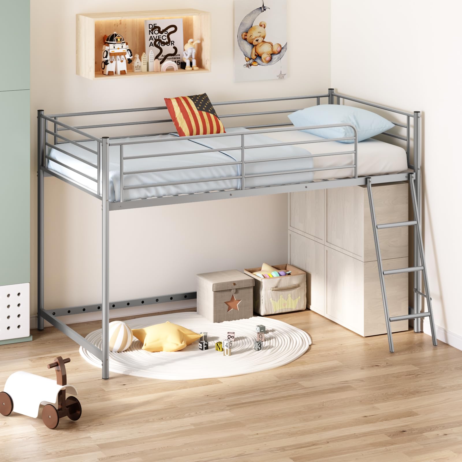 Low Loft Bed with Inclined Ladder, Metal Twin Size Bed Frame with 15” High