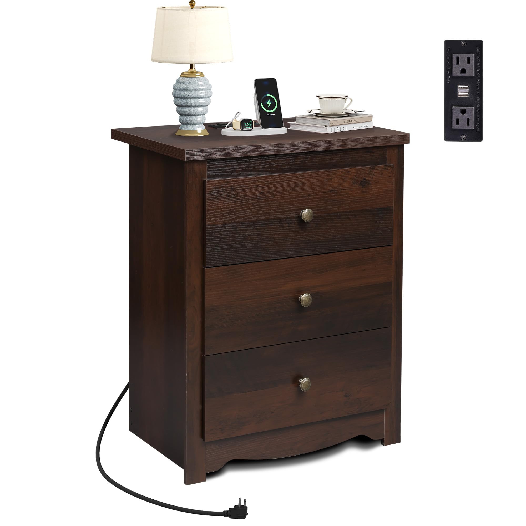 Nightstand with Charging Station, Wood Nightstand with 3 Drawers