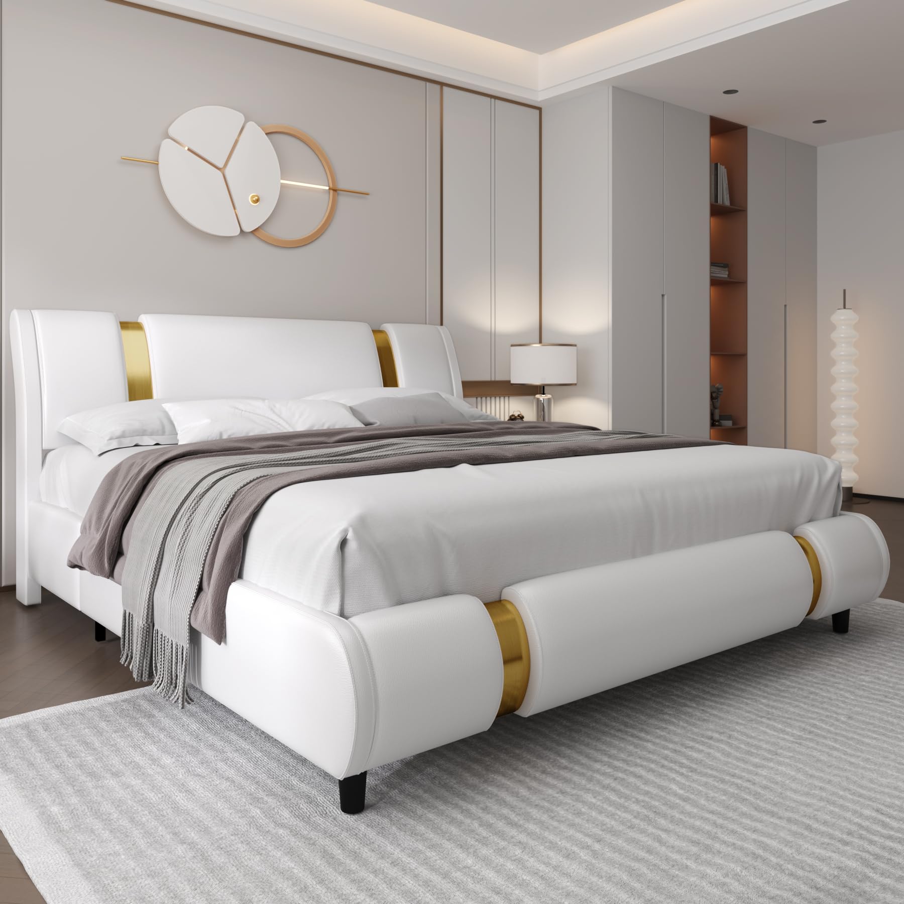 Modern Faux Leather Upholstered Platform Bed Frame with Golden Iron Metal Decor