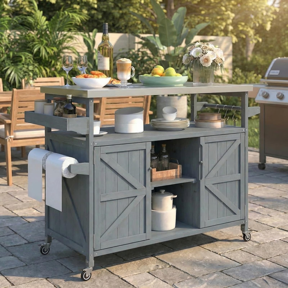 Outdoor Grill Cart with Stainless Steel Top, Cabinet & Lockable Wheels