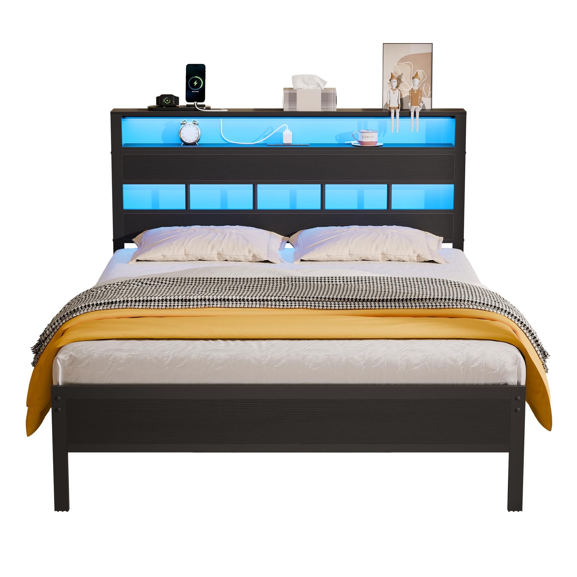 Full Size Bed Frame with LED Light and Charging Station, Wood Storage