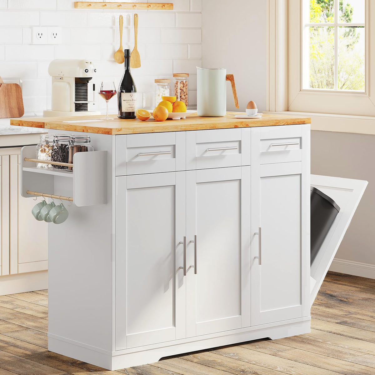 Kitchen Island with Power Outlet, Drop-Leaf & Trash Cabinet