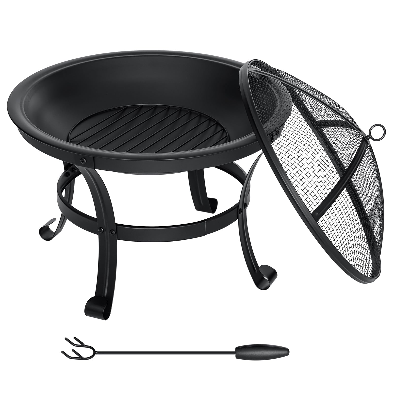 Round Steel Wood-Burning Fire Pit with Spark Screen & Poker