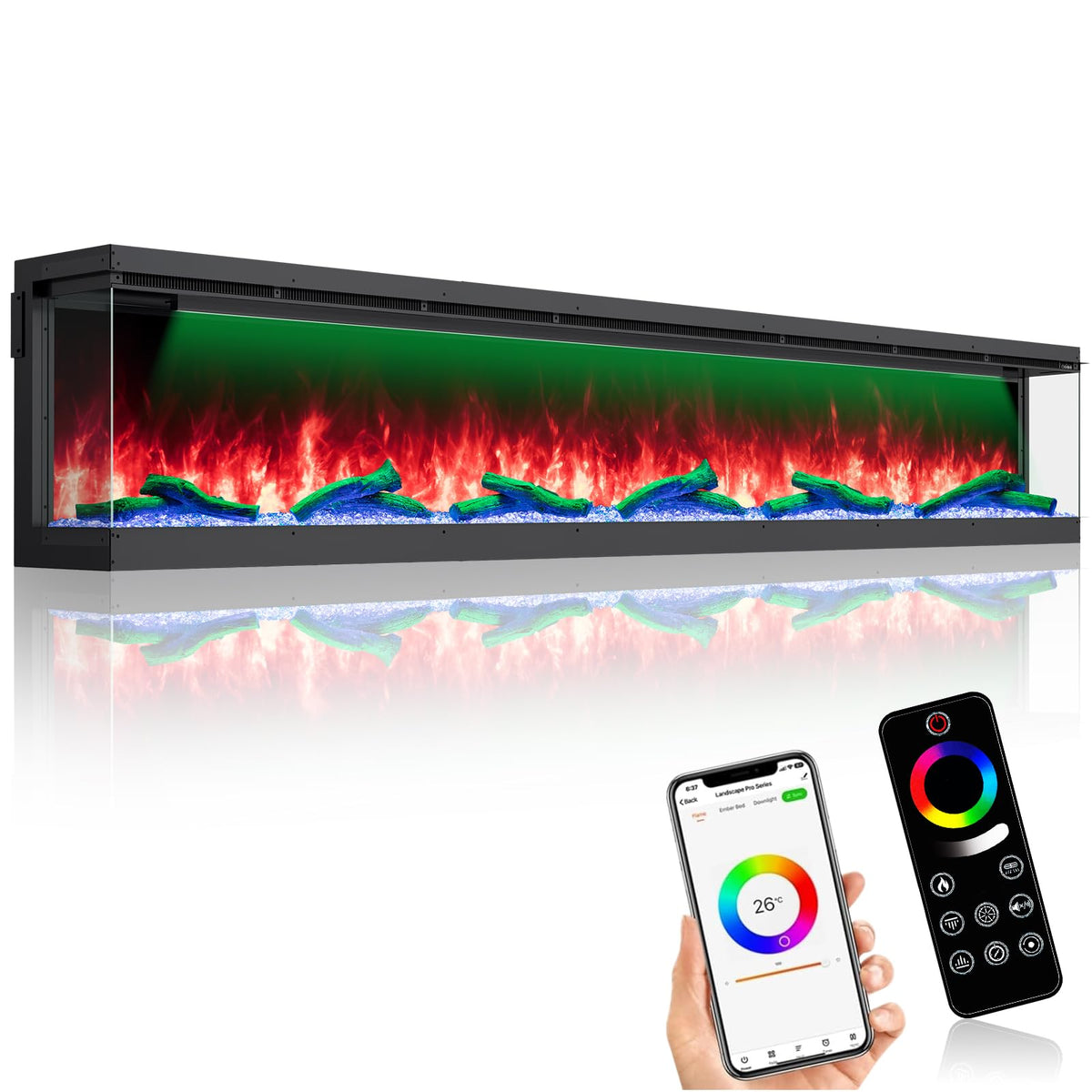3-Sided Recessed Electric Fireplace with Smart WiFi & RGB Flames