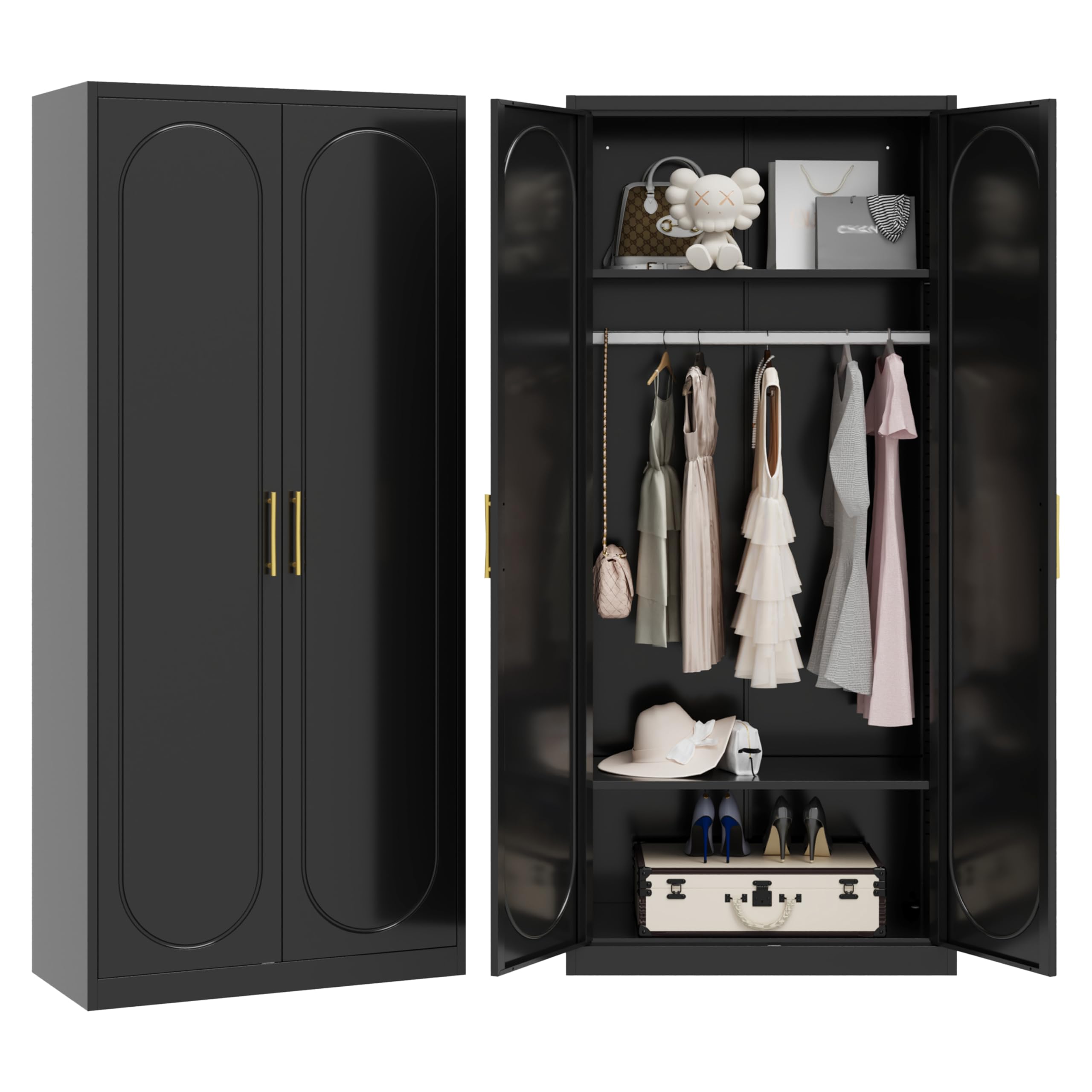 Armoire Wardrobe Closet with Hanging Rod, 71" Tall Metal Clothing Storage Cabinet