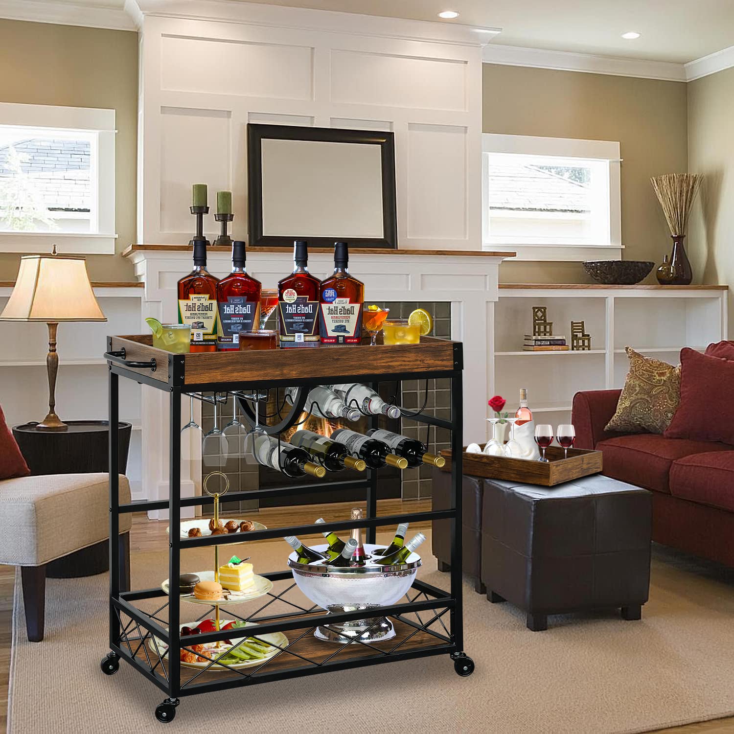 3-Tier Industrial Rolling Bar Cart with Wine Rack & Glass Holder