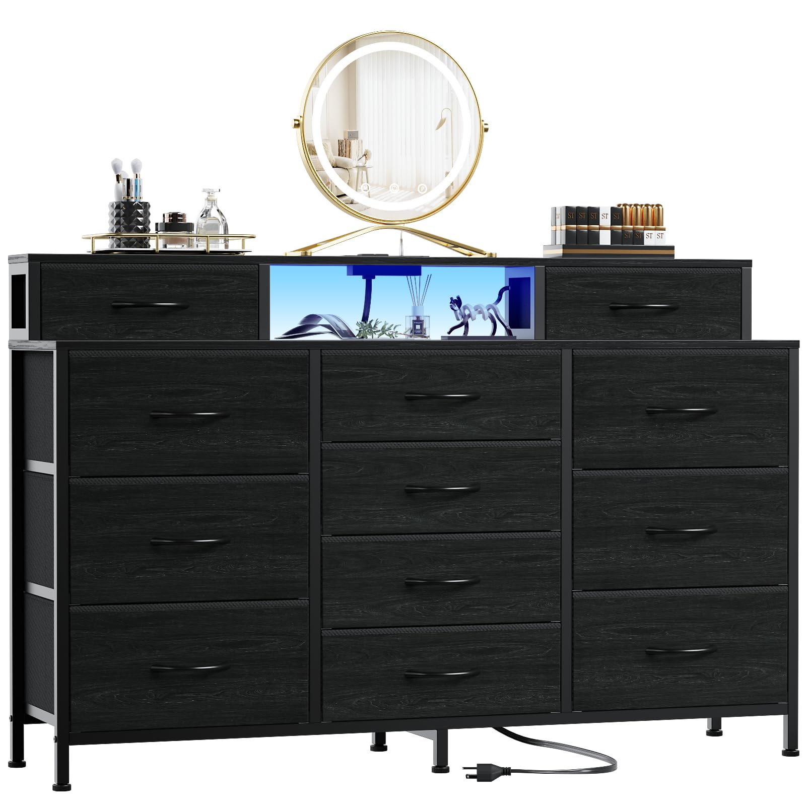 55" W Dresser for Bedroom with LED Lights and Power Outlets,Black Large 12 Storage