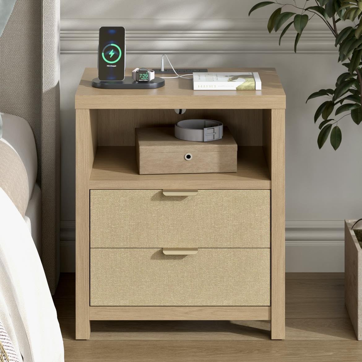 Wood Night Stand with Charging Station, Nightstand with 2 Drawers